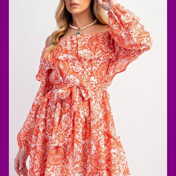 Easel Sunset Orange Printed Off-Shoulder Maxi Dress NWT M - Picture 8 of 10